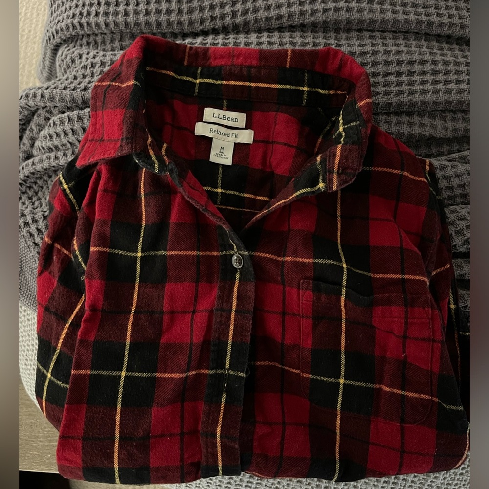 LL Bean Womens Red Plaid Relaxed Fit Flannel, Medium